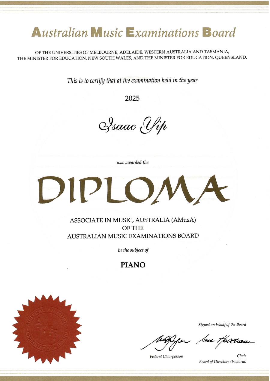 Official Australian Music Examinations Board (AMEB) diploma awarding Isaac Yip Associate in Music, Australia (AMusA) — Piano in 2025